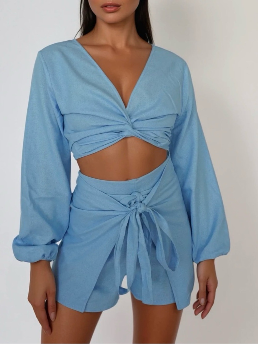 Women's Light Blue Twist Front Crop Top by